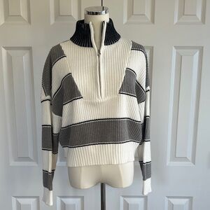 Elan Gray White Wide Striped Quarter Zip Pullover Knit Cowl Neck Sweater Size S